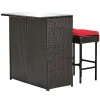 3 Pieces Outdoor Rattan Wicker Bar Set with 2 Cushions Stools