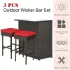 3 Pieces Outdoor Rattan Wicker Bar Set with 2 Cushions Stools