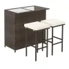 3 Pieces Outdoor Rattan Wicker Bar Set with 2 Cushions Stools
