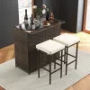3 Pieces Outdoor Rattan Wicker Bar Set with 2 Cushions Stools
