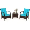 3 Pieces Patio Rattan Conversation Set with Glass Top Coffee Table and Cushions