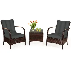 3 Pieces Patio Rattan Conversation Set with Glass Top Coffee Table and Cushions (Color: Gray)