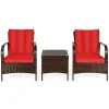 3 Pieces Patio Rattan Conversation Set with Glass Top Coffee Table and Cushions