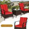 3 Pieces Patio Rattan Conversation Set with Glass Top Coffee Table and Cushions