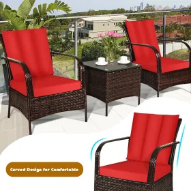 3 Pieces Patio Rattan Conversation Set with Glass Top Coffee Table and Cushions (Color: Red)