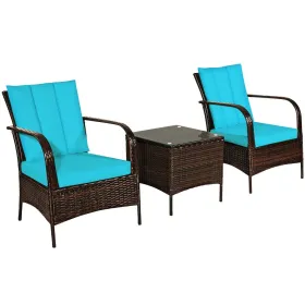 3 Pieces Patio Rattan Conversation Set with Glass Top Coffee Table and Cushions (Color: Turquoise)