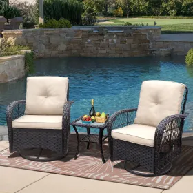 360-Degree Patio Wicker Swivel Rocker Chairs Set;  Outdoor Rattan Rocking Bistro Sets with Cushions and Table; Dark Brown (Color: Brown)