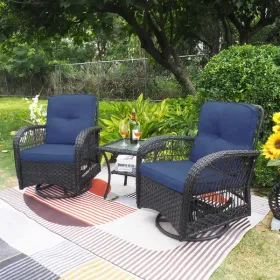 360-Degree Patio Wicker Swivel Rocker Chairs Set;  Outdoor Rattan Rocking Bistro Sets with Cushions and Table; Dark Brown (Color: Navy Blue)