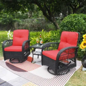 360-Degree Patio Wicker Swivel Rocker Chairs Set;  Outdoor Rattan Rocking Bistro Sets with Cushions and Table; Dark Brown (Color: Red)