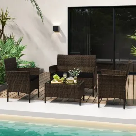 4 Piece Patio Rattan Conversation Set with Cozy Seat Cushions (Color: Black)