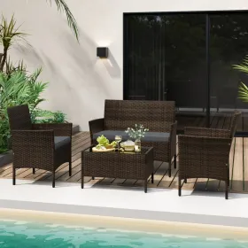 4 Piece Patio Rattan Conversation Set with Cozy Seat Cushions (Color: Gray)