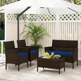 4 Piece Patio Rattan Conversation Set with Cozy Seat Cushions (Color: Navy)