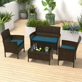 4 Piece Patio Rattan Conversation Set with Cozy Seat Cushions (Color: Peacock Blue)