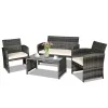 4 Pieces Patio Rattan Furniture Set with Glass Table and Loveseat