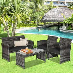 4 Pieces Patio Rattan Furniture Set with Glass Table and Loveseat (Color: Black)