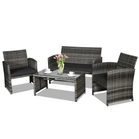 4 Pieces Patio Rattan Furniture Set with Glass Table and Loveseat (Color: Black)