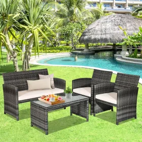 4 Pieces Patio Rattan Furniture Set with Glass Table and Loveseat (Color: White)