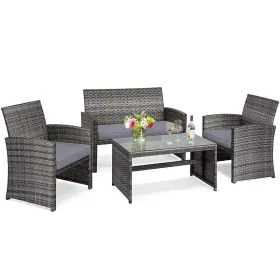 4 Pieces Patio Rattan Furniture Set with Glass Table and Loveseat (Color: Gray)