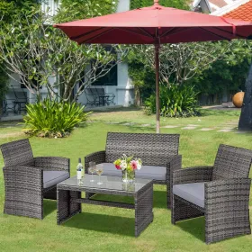 4 Pieces Patio Rattan Furniture Set with Glass Table and Loveseat (Color: Gray)