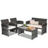 4 Pieces Patio Rattan Furniture Set with Glass Table and Loveseat