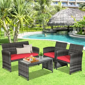 4 Pieces Patio Rattan Furniture Set with Glass Table and Loveseat (Color: Red)