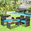4 Pieces Patio Rattan Furniture Set with Glass Table and Loveseat