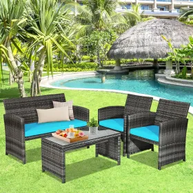 4 Pieces Patio Rattan Furniture Set with Glass Table and Loveseat (Color: Turquoise)