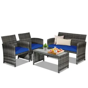 4 Pieces Patio Rattan Furniture Set with Glass Table and Loveseat (Color: Navy)