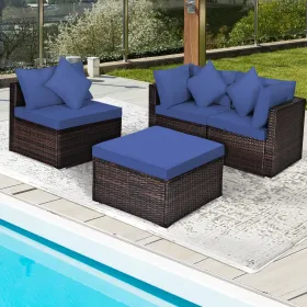 4 Pieces Patio Rattan Furniture Set with Removable Cushions and Pillows (Color: Navy)