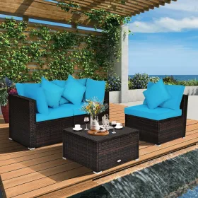 4 Pieces Patio Rattan Furniture Set with Removable Cushions and Pillows (Color: Turquoise)