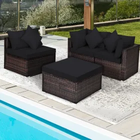 4 Pieces Patio Rattan Furniture Set with Removable Cushions and Pillows (Color: Black)