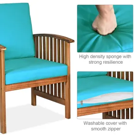 4 Pieces Patio Solid Wood Furniture Set with Water Resistant Cushions (Color: Peacock Blue)