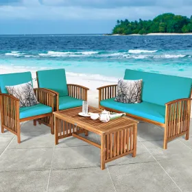 4 Pieces Patio Solid Wood Furniture Set with Water Resistant Cushions (Color: Peacock Blue)