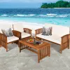 4 Pieces Patio Solid Wood Furniture Set with Water Resistant Cushions