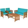 4 Pieces Patio Solid Wood Furniture Set with Water Resistant Cushions
