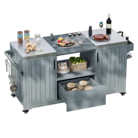 66.5" Outdoor Kitchen Island for Big Green Egg Grills, Solid Wood Outdoor Grill Cart for Tabletop Grill with Stainless Steel Top, Drawer (Color: Grey+Blue, Material: Wood + Stainless Steel)