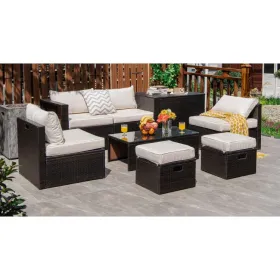 8 Pieces Patio Space-Saving Rattan Furniture Set with Storage Box and Waterproof Cover (Color: White)