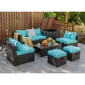 8 Pieces Patio Space-Saving Rattan Furniture Set with Storage Box and Waterproof Cover (Color: Turquoise)