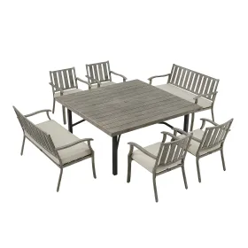 Peakhome Azur Outdoor Square Dining Table Set For 8-Person With Sunbrella® Cushions (Option: 1 Square Table + 4 Fixed Chair + 2 Bench)