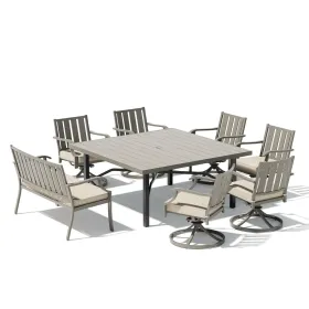 Peakhome Azur 8-Person Patio Square Dining Table Set With Sunbrella® Cushions (Option: 1 Square Table + 6 Swivel Chair + 1 Bench)