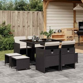9 Piece Garden Dining Set with Cushions Black Poly Rattan (Color: Black)