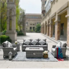 Direct Wicker 5-Piece Wicker Patio Fire Pit Sectional Seating Set with Gray Cushions (Siza: Low Table)