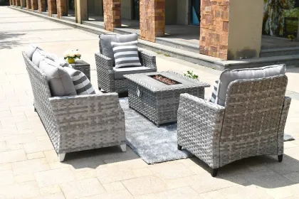 Direct Wicker Gray Wicker Sofa Set Outdoor Furniture Conversation Set with Firepit Table (Color: Gray)