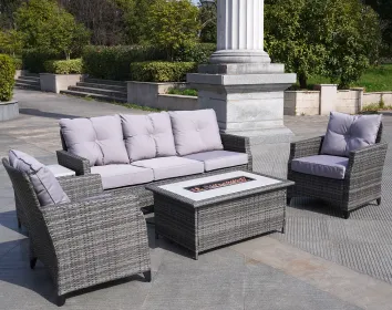 Direct Wicker Gray Wicker Sofa Set Outdoor Furniture Conversation Set with Firepit Table (Color: deep gray)