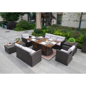 Direct Wicker Outdoor Patio Furniture Set with Rectangular Fire Pit Table in Elegant Brown or Chic Gray (Color: Brown)