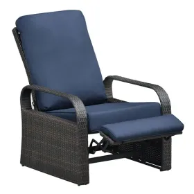 Outdoor Recliner Chair;  Automatic Adjustable Wicker Lounge Recliner Chair with 5.12'' Thicken Cushion (Color: Navy Blue, Material: Brown Wicker)