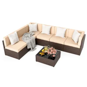 Pamapic Rattan Outdoor Sectional Couch Set (7 Pieces) (Color: Brown)