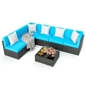 Pamapic Rattan Outdoor Sectional Couch Set (7 Pieces) (Color: Sky Blue)