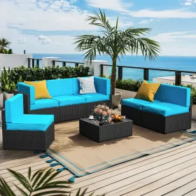 Pamapic Rattan Outdoor Sectional Couch Set (7 Pieces) (Color: Sky Blue)