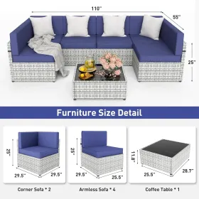 Pamapic Rattan Outdoor Sectional Couch Set (7 Pieces) (Color: Navy)